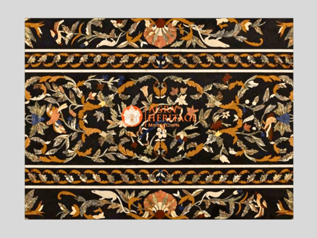 Black Inlay Marble Pietra Dura Dining Table Top Living Decor